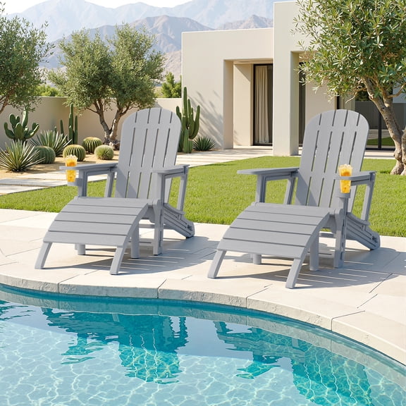 Walsunny Adirondack Chairs Set of 2 HDPE Outdoor Chair Set with Connecting Tray Cup Holder Removable Tabletop Pull-Out Footrest,All-Weather HDPE Outdoor Chair Set,Light Gray