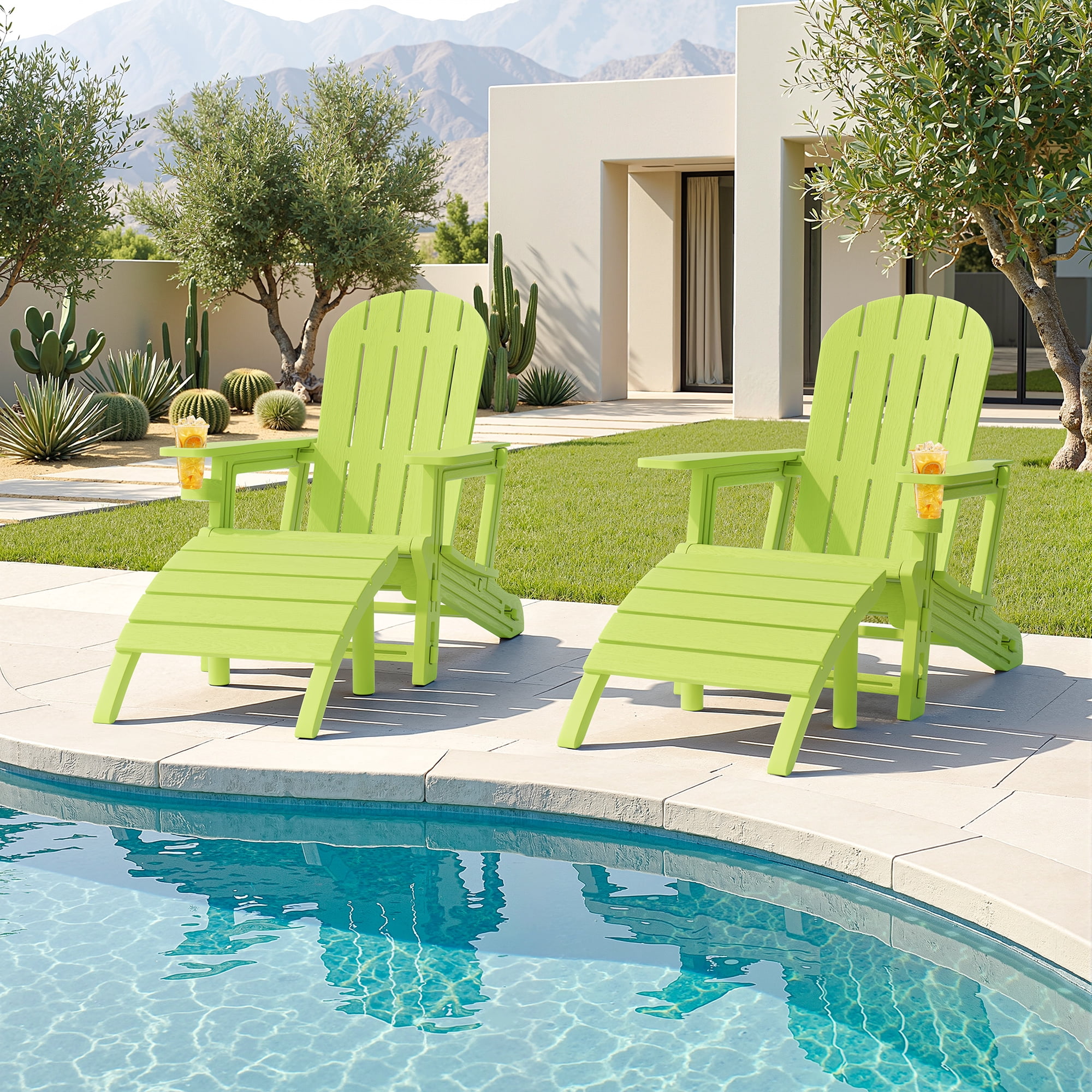 Walsunny Adirondack Chairs Set of 2 HDPE Outdoor Chair Set with Connecting Tray Cup Holder Removable Tabletop Pull-Out Footrest,All-Weather HDPE Outdoor Chair Set,Green