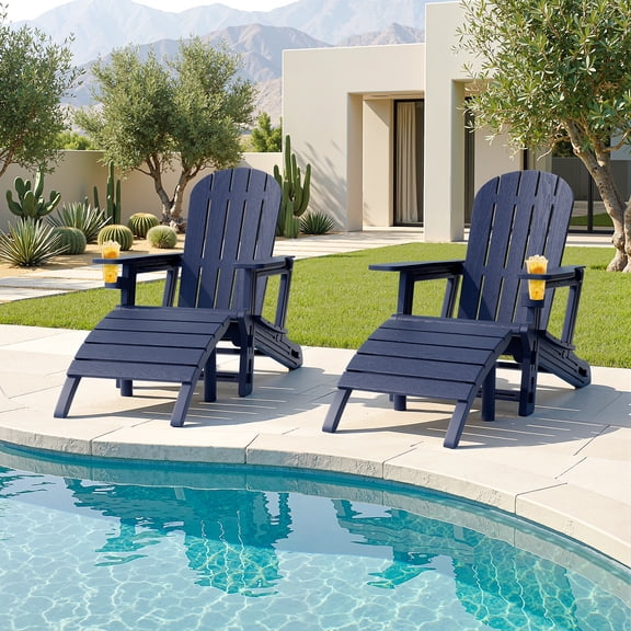 Walsunny Adirondack Chairs Set of 2 HDPE Outdoor Chair Set with Connecting Tray Cup Holder Removable Tabletop Pull-Out Footrest,All-Weather HDPE Outdoor Chair Set,Dark Blue