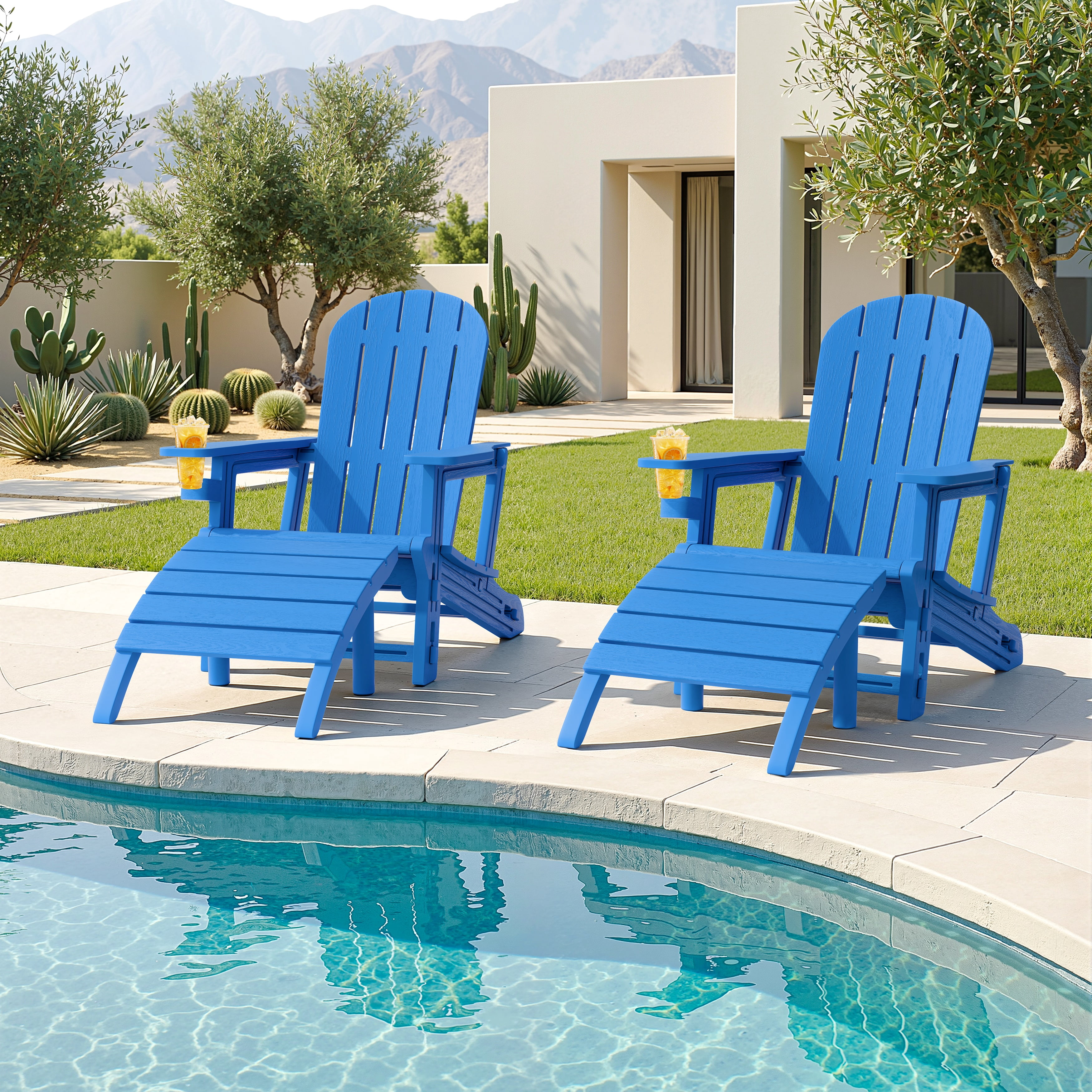 Walsunny Adirondack Chairs Set of 2 HDPE Outdoor Chair Set with Connecting Tray Cup Holder Removable Tabletop Pull-Out Footrest,All-Weather HDPE Outdoor Chair Set,Blue