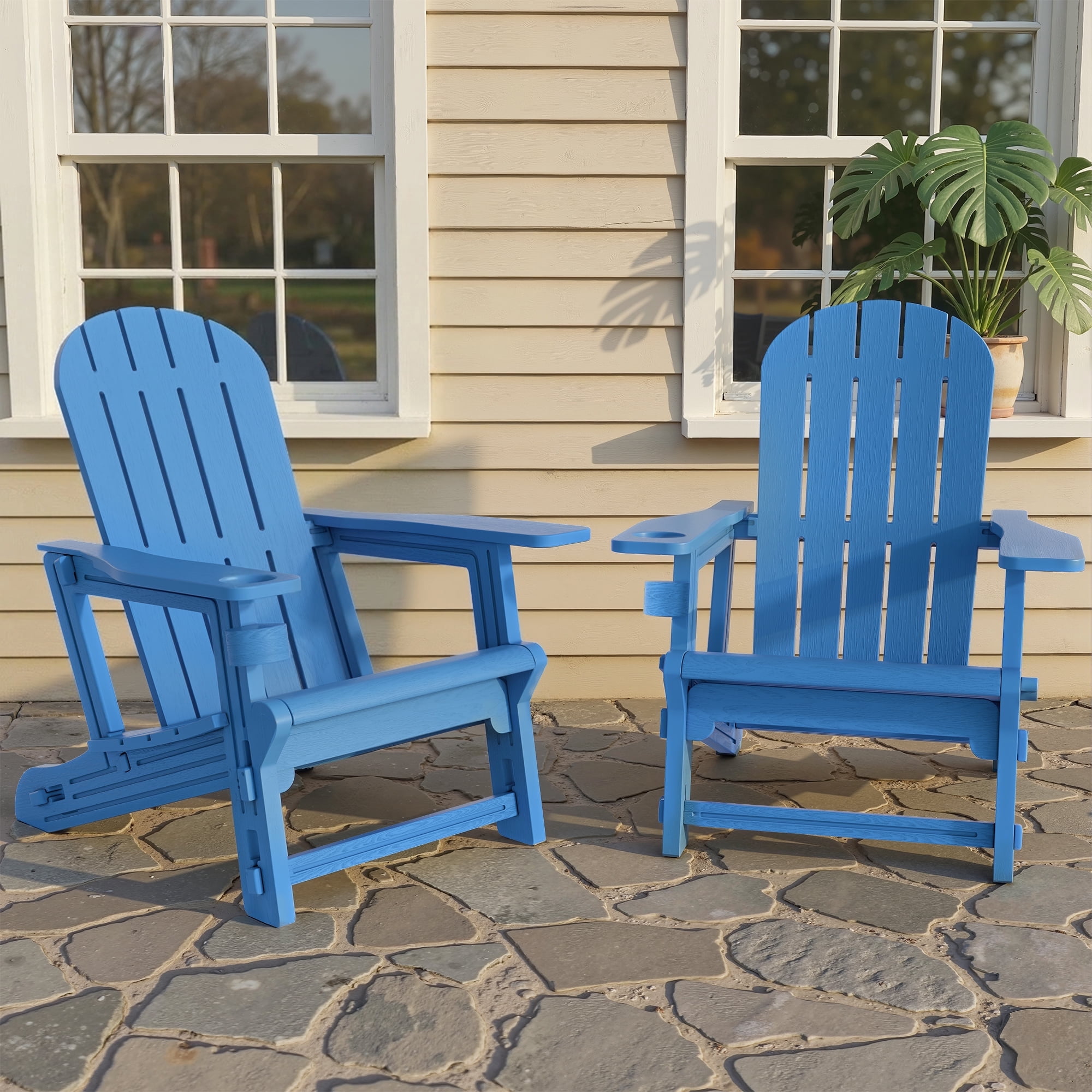 Walsunny Adirondack Chairs Set of 2 Fire Pit Chair Set with Connecting Tray Cup Holder Removable Tabletop,All-Weather HDPE Outdoor Chair Set for Patio Garden Lawn,Blue