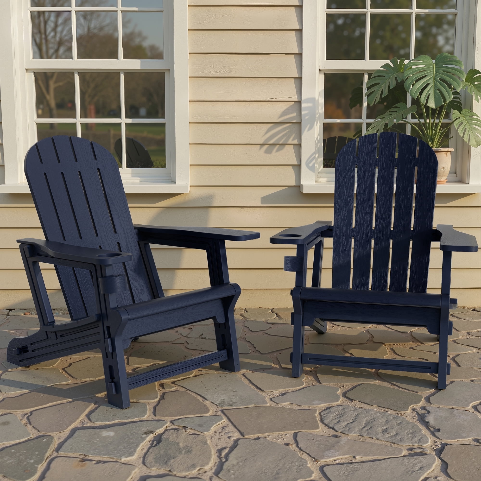 Walsunny Adirondack Chairs Set of 2 Fire Pit Chair Set with Connecting Tray Cup Holder Removable Tabletop,All-Weather HDPE Outdoor Chair Set for Patio Garden Lawn,Dark Blue