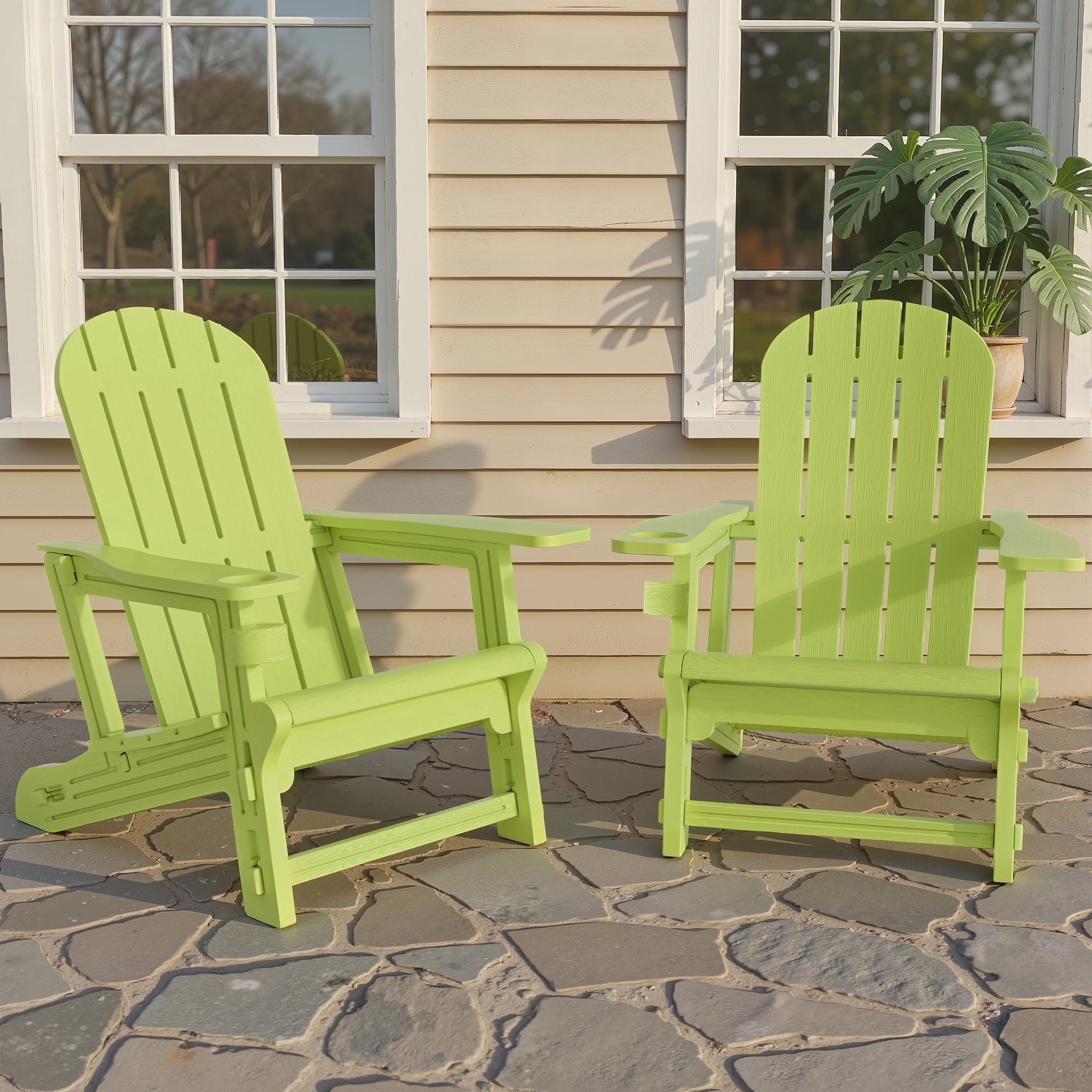 Walsunny Adirondack Chairs Set of 2 Fire Pit Chair Set with Connecting Tray Cup Holder Removable Tabletop,All-Weather HDPE Outdoor Chair Set for Patio Garden Lawn,Green