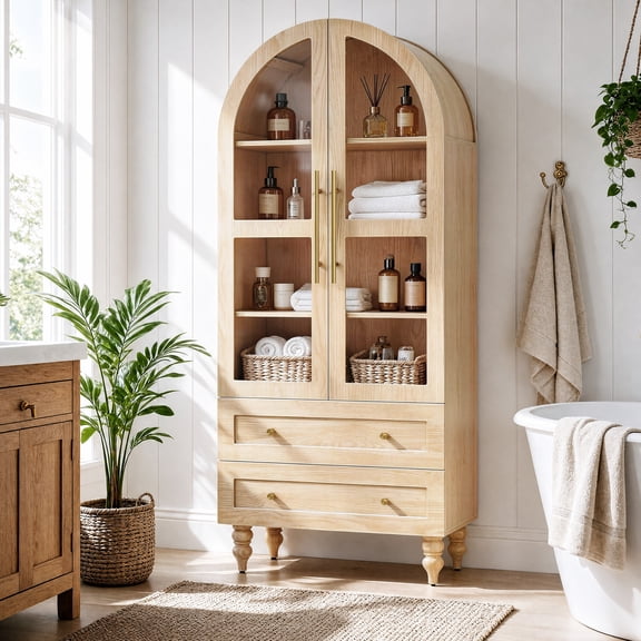 Walsunny Arched Freestanding Bathroom Storage Cabinet with Drawers Glass Doors, Wooden Tall Cabinet with Shelves, Space-Saving Organizer for Bathroom, Natural Wood Color