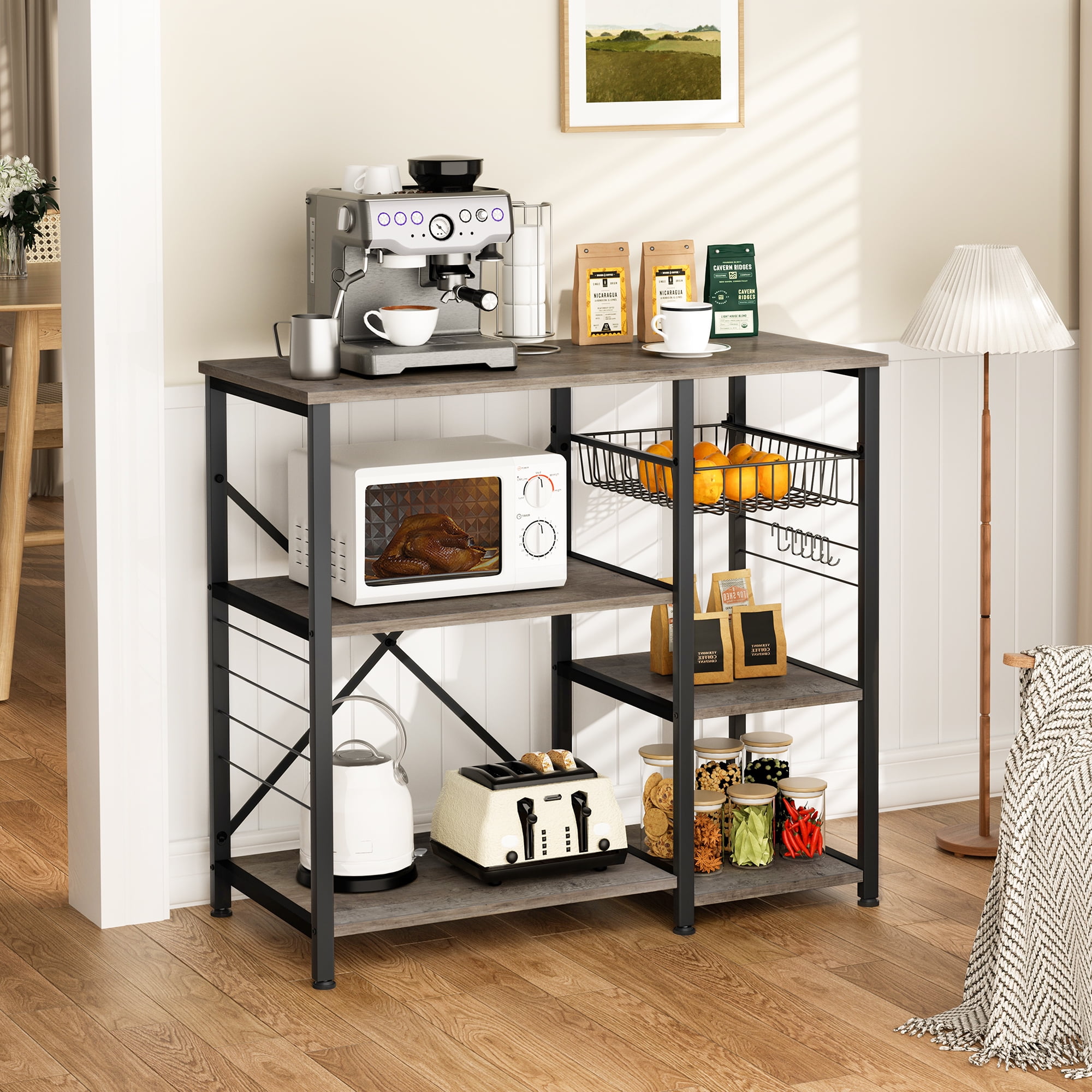 Walsunny Bakers Rack, Industrial Kitchen Storage Shelf with 6 SHooks
