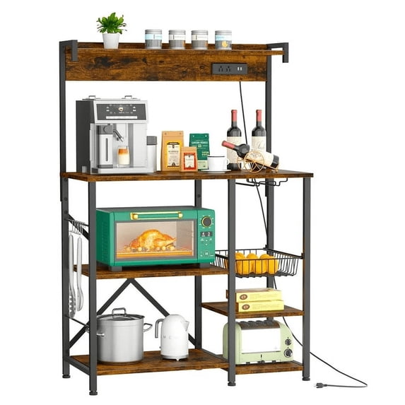 Walsunny Bakers Rack for Kitchen with Power Outlet, Coffee Cart and Microwave Stand with Shelves Vintage Brown