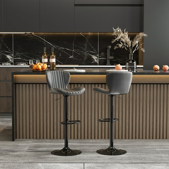 Walsunny Adjustable Bar Stools Set of 2 Leather Upholstered Swivel Counter Stools Counter Height Bar Stools with Large Base, Room Bar, Black