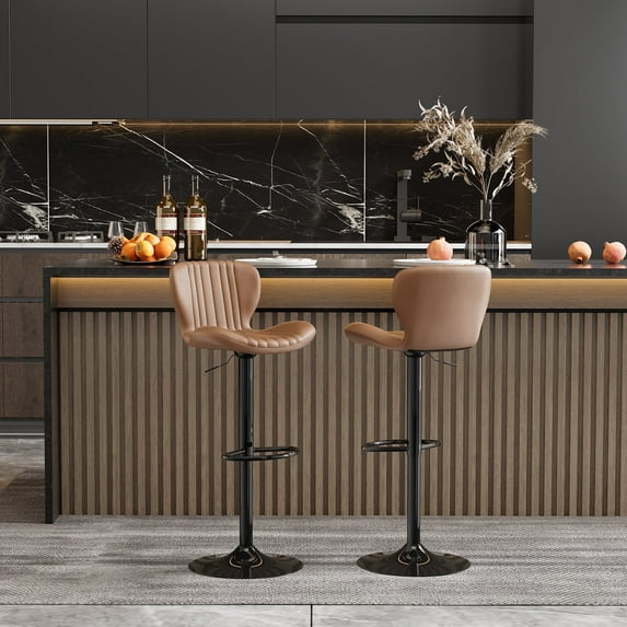 Walsunny Adjustable Bar Stools Set of 2 Leather Upholstered Swivel Counter Stools Counter Height Bar Stools with Large Base, Room Bar, Brown