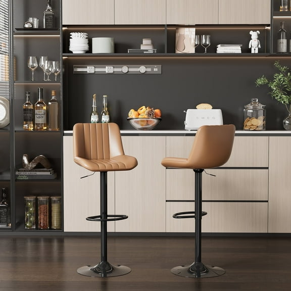 Walsunny Adjustable Bar Stools Set of 2 Leather Upholstered Swivel Counter Stools Counter Height Bar Stools with Large Base, Room Bar, Brown
