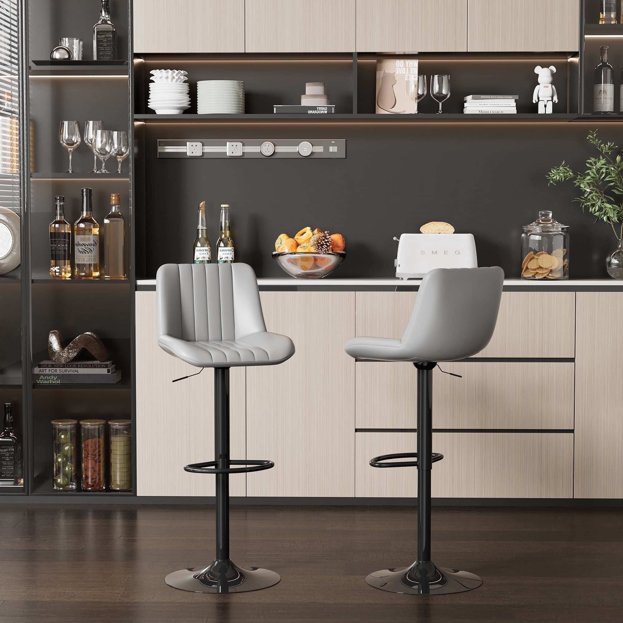 Walsunny Adjustable Bar Stools Set of 2 Leather Upholstered Swivel Counter Stools Counter Height Bar Stools with Large Base, Room Bar, Grey