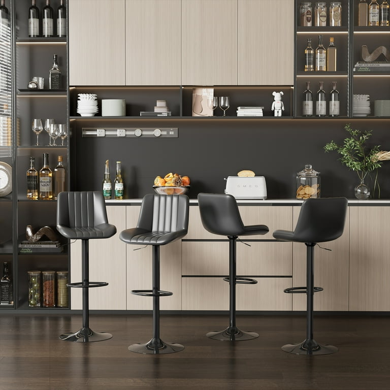 Walsunny Set of Adjustable Leather Bar Stools with Metal Backs