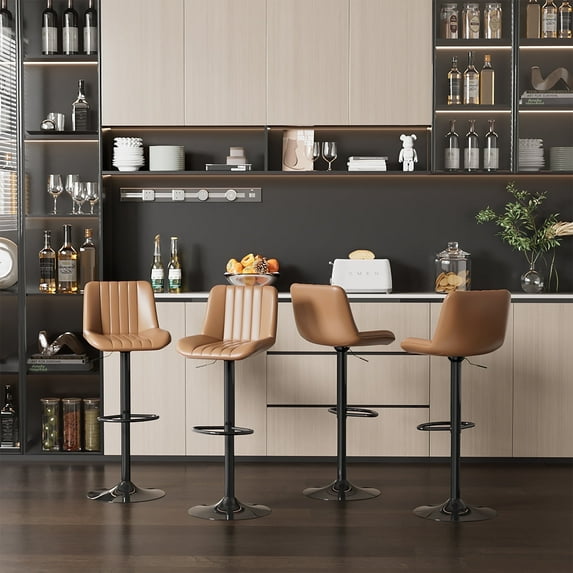 Walsunny Adjustable Bar Stools Set of 4 Leather Upholstered Swivel Counter Stools Counter Height Bar Stools with Large Base, Room Bar, Brown