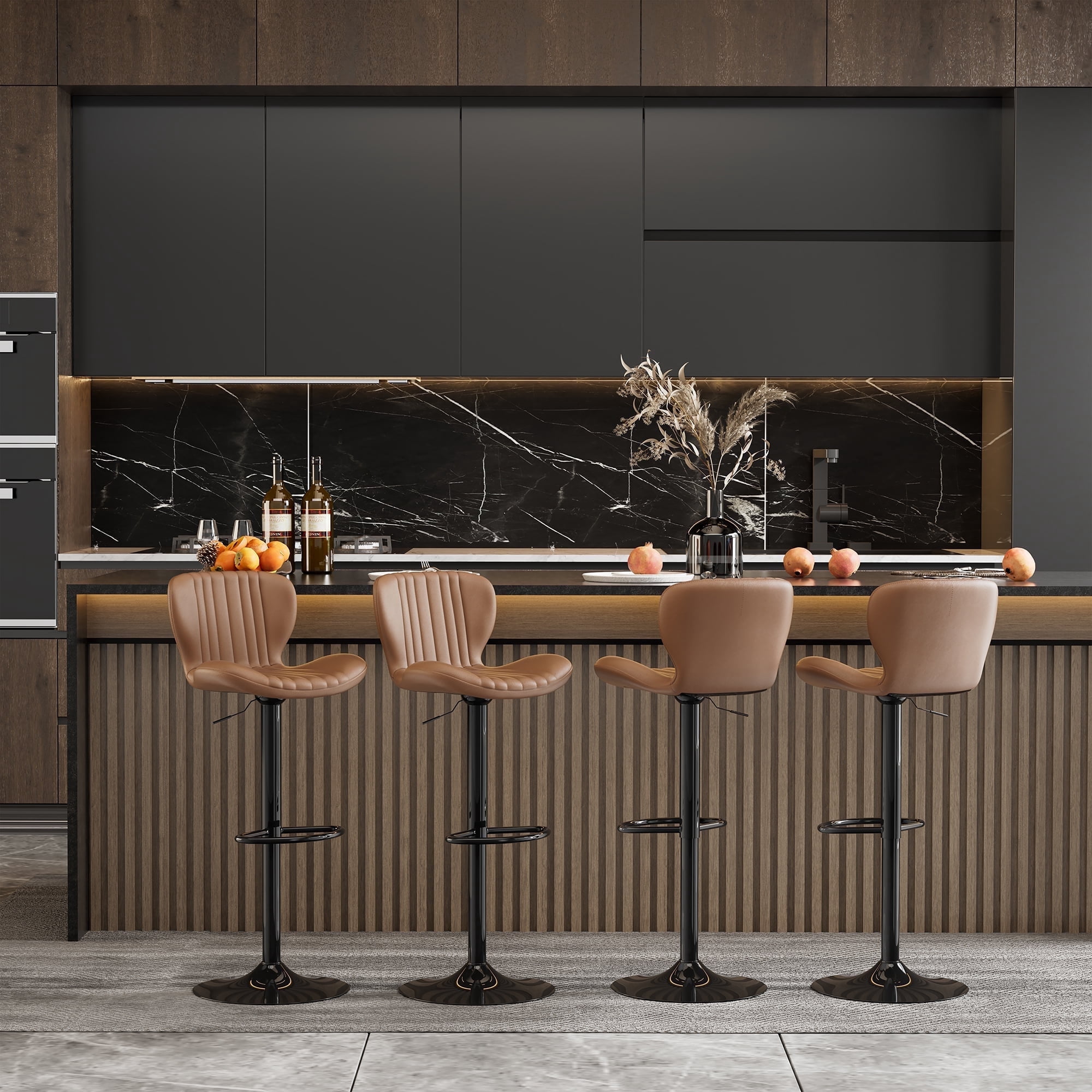 Walsunny Adjustable Bar Stools Set of 4 Leather Upholstered Swivel Counter Stools Counter Height Bar Stools with Large Base, Room Bar, Brown
