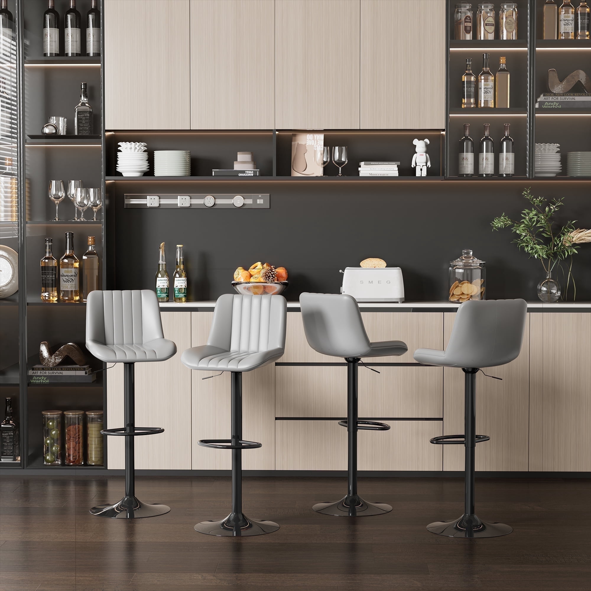 Walsunny Adjustable Bar Stools Set of 4 Leather Upholstered Swivel Counter Stools Counter Height Bar Stools with Large Base, Room Bar, Grey