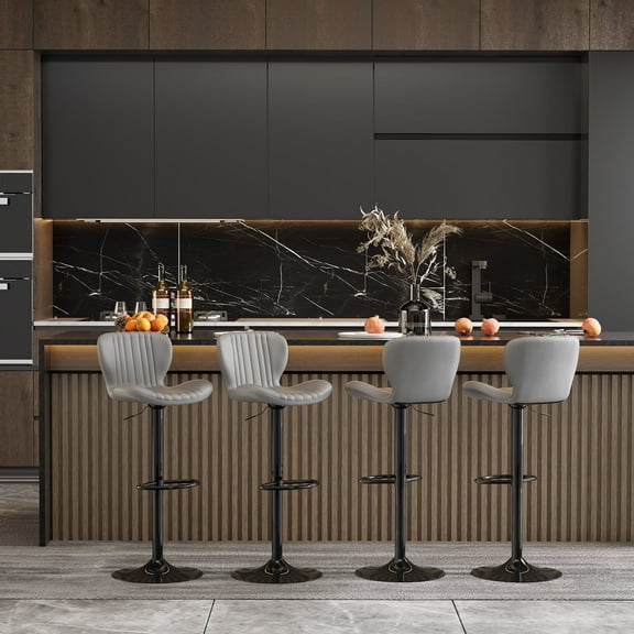 Walsunny Adjustable Bar Stools Set of 4 Leather Upholstered Swivel Counter Stools Counter Height Bar Stools with Large Base, Room Bar, Grey