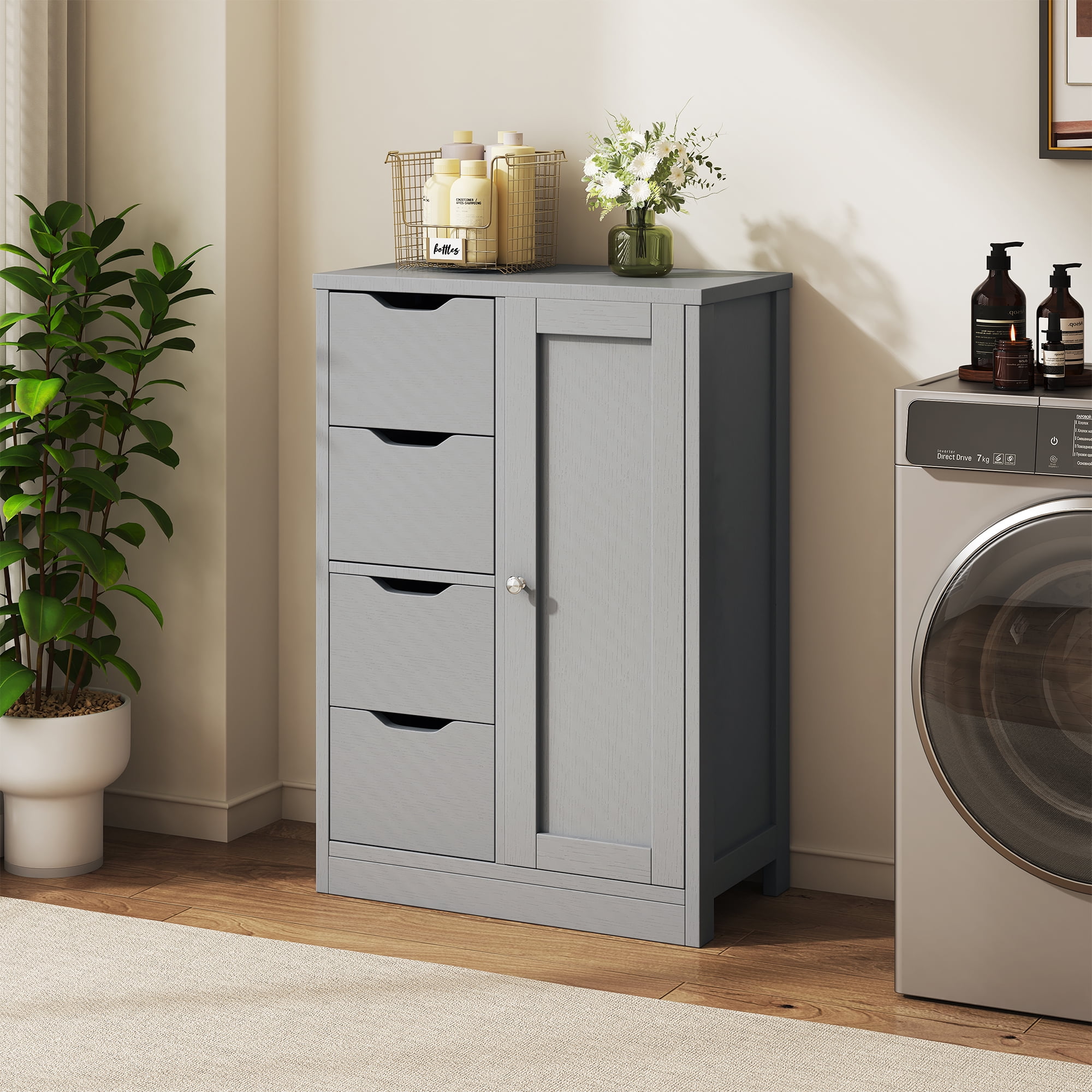 Walsunny Bathroom Floor Cabinet Storage Organizer Freestanding Wooden Cupboard with Door Drawers Adjustable Shelf for Small Spaces Laundry Room Kitchen Living Room Bedroom Home Office,Gray