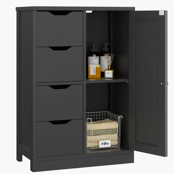 Walsunny Bathroom Floor Cabinet Storage Organizer Freestanding Wooden Cupboard with Door Drawers Adjustable Shelf for Small Spaces Laundry Room Kitchen Living Room Bedroom Home Office,Black
