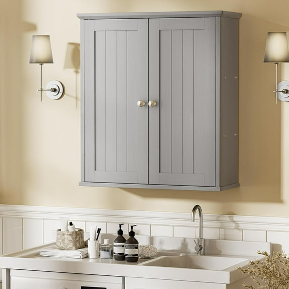 Walsunny Bathroom Medicine Cabinet Wall Mount with 2 Doors and 2 Shelves, Small Bathroom Cabinet Wooden Storage Cabinet Over Toilet Restroom Laundry Room Kitchen, Grey