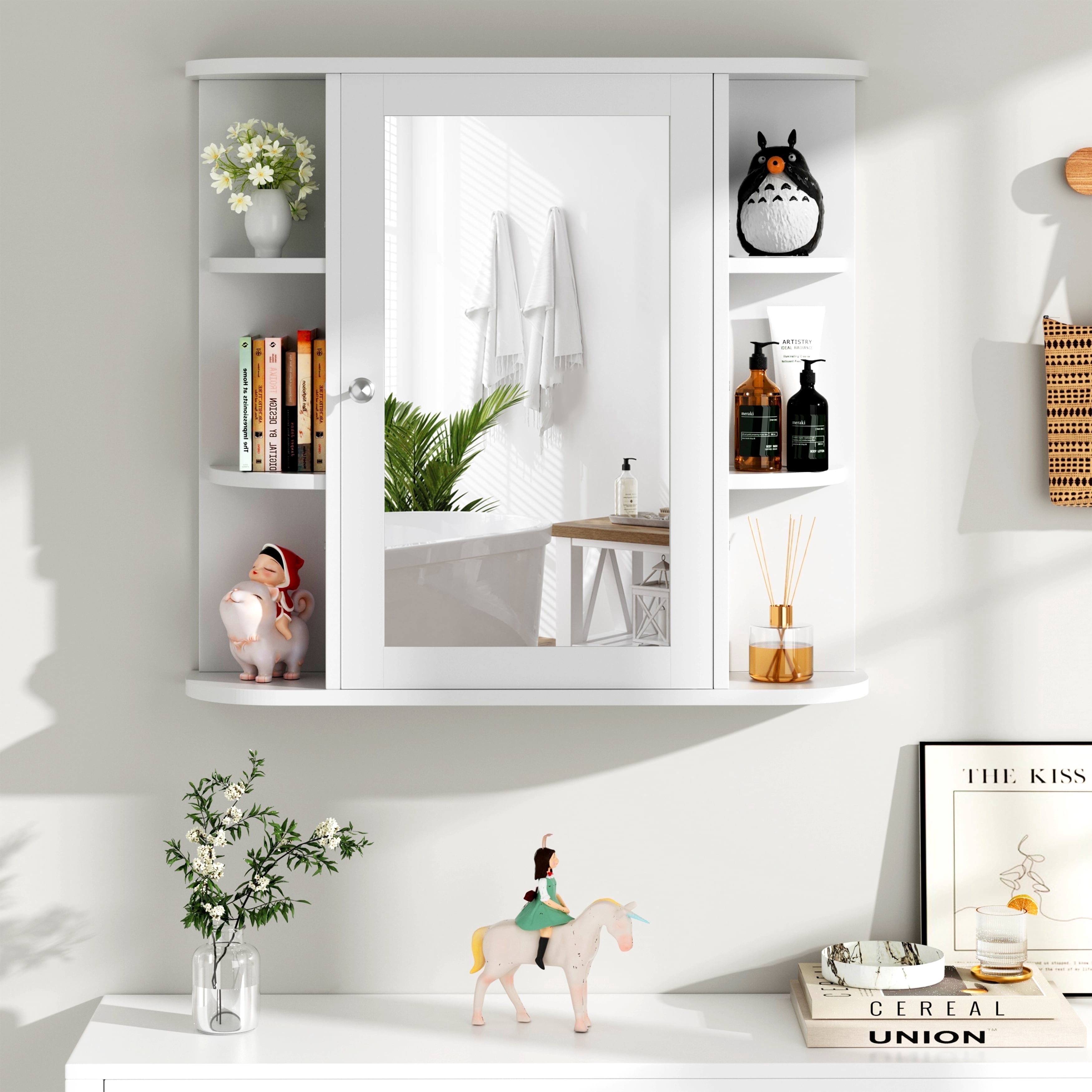 Walsunny Bathroom Medicine Cabinet, Wall-Mounted or Floor-Standing Storage Cabinet with Mirror Doors and Huge Space, Suitable for Kitchens, Dining Room