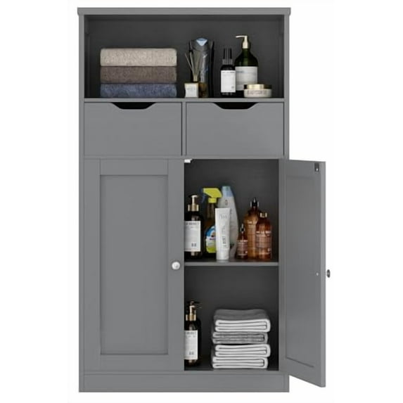 Walsunny Bathroom Storage Cabinet, Floor Storage Cabinet with 2 Drawers 2 Doors and 2 Adjustable Shelves, Freestanding Wood Storage Organizer for Bathroom Living Room Kitchen Entryway, Grey
