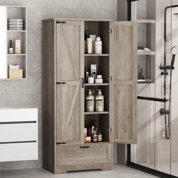 Walsunny Bathroom Floor Storage Cabinets with Doors Shelves Drawer Freestanding Wooden Cabinet Organizer for Laundry Room Bathroom Gray