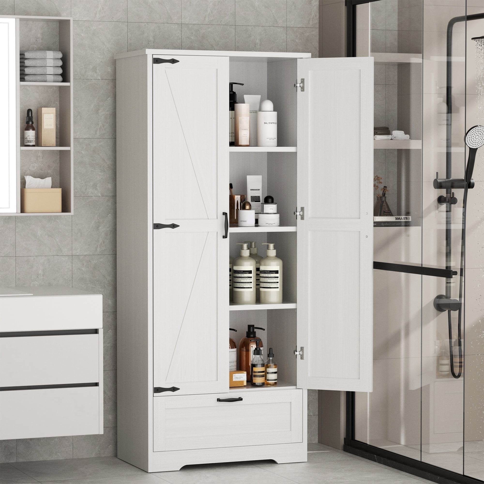 Walsunny Bathroom Floor Storage Cabinets with Doors Shelves Drawer Freestanding Wooden Cabinet Organizer for Laundry Room Bathroom White