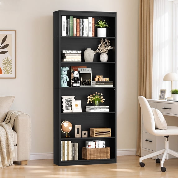 Walsunny Bookcase with 6 Open Shelves Wood Display Bookshelf with Deep Storage Standard Bookcase for Living Room Home Office Black