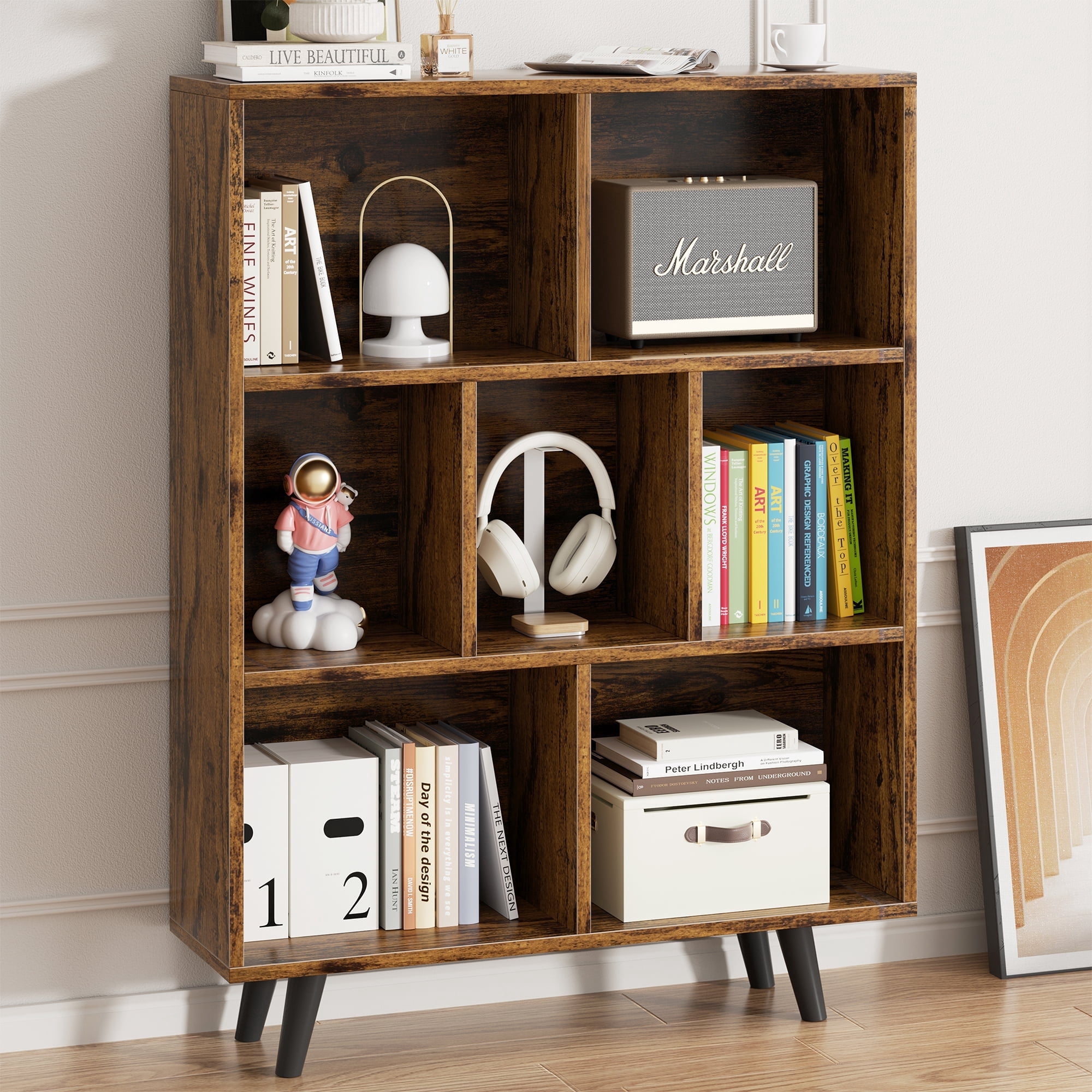 Walsunny Cube Bookcases Bookshelves 7 Cube Organizers with Legs 43" Tall Wooden Open Storage Display Bookshelf for Living Room Bedroom Office Brown