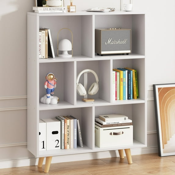 Walsunny Cube Bookcases Bookshelves 7 Cube Organizers with Legs 43" Tall Wooden Open Storage Display Bookshelf for Living Room Bedroom Office White