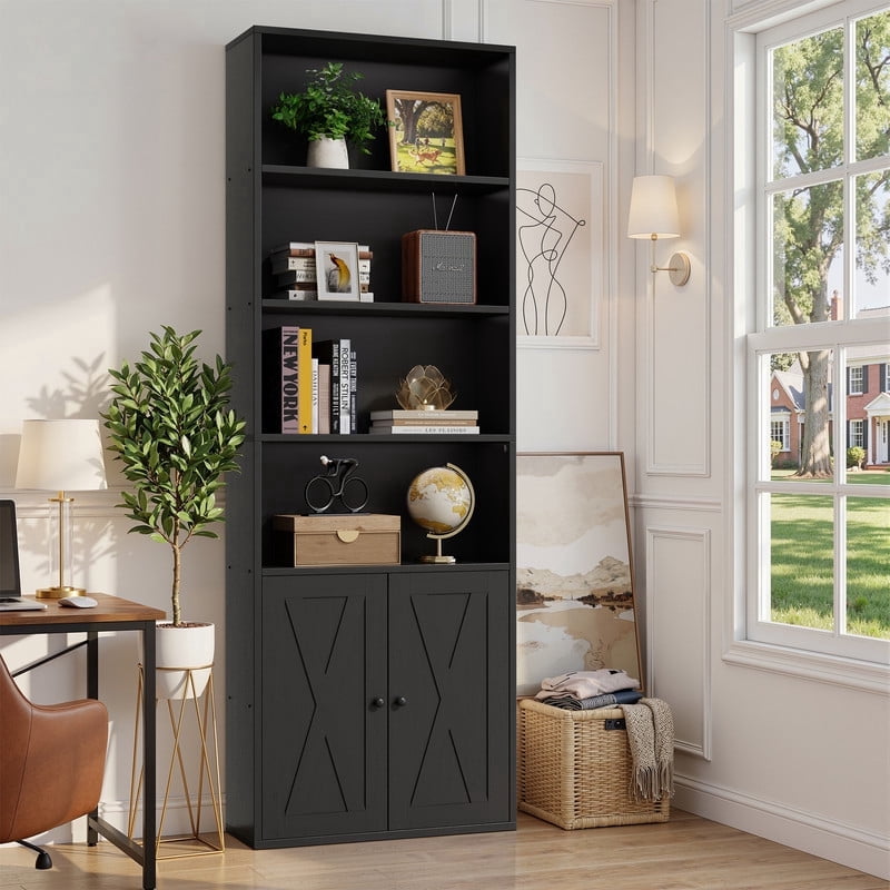Walsunny Bookcase with Doors, 6-Tier Bookshelf with Storage, Farmhouse Bookshelves with Cabinet, Storage Display Shelf for Living Room Home Office, Black