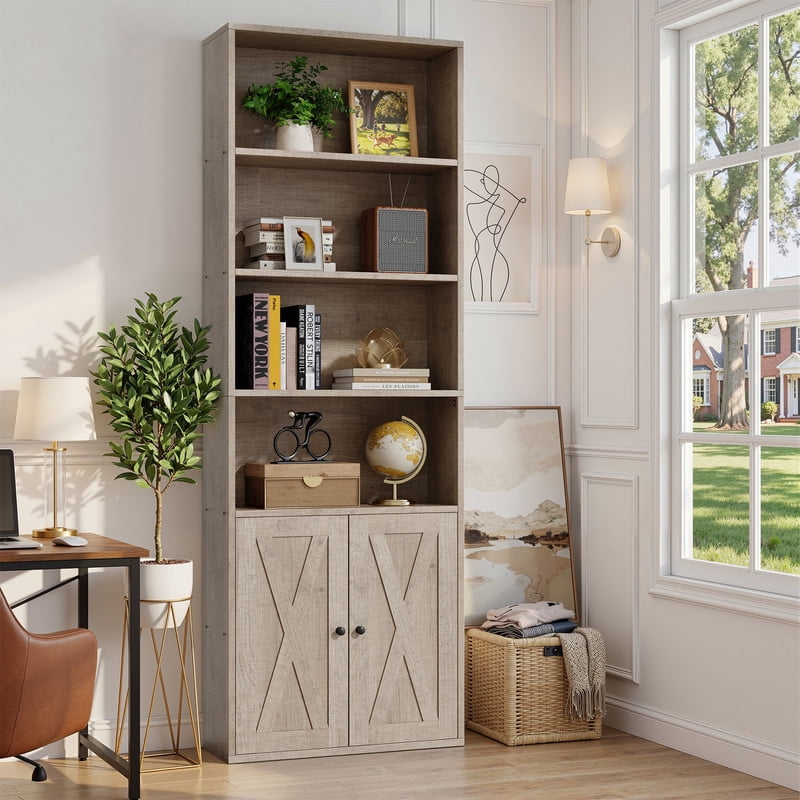 Walsunny Bookcase with Doors, 6-Tier Bookshelf with Storage, Farmhouse Bookshelves with Cabinet, Storage Display Shelf for Living Room Home Office, Gray