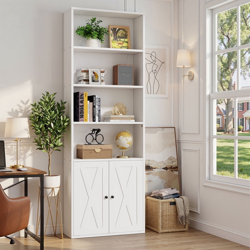 Walsunny Bookcase with Doors, 6-Tier Bookshelf with Storage, Farmhouse Bookshelves with Cabinet, Storage Display Shelf for Living Room Home Office, White