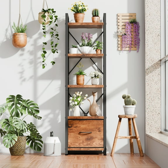 Walsunny Bookshelf Organizer, Solid Rubberwood Frame, Espresso Finish, 15.6" D x 10.8" W x 55.7" H