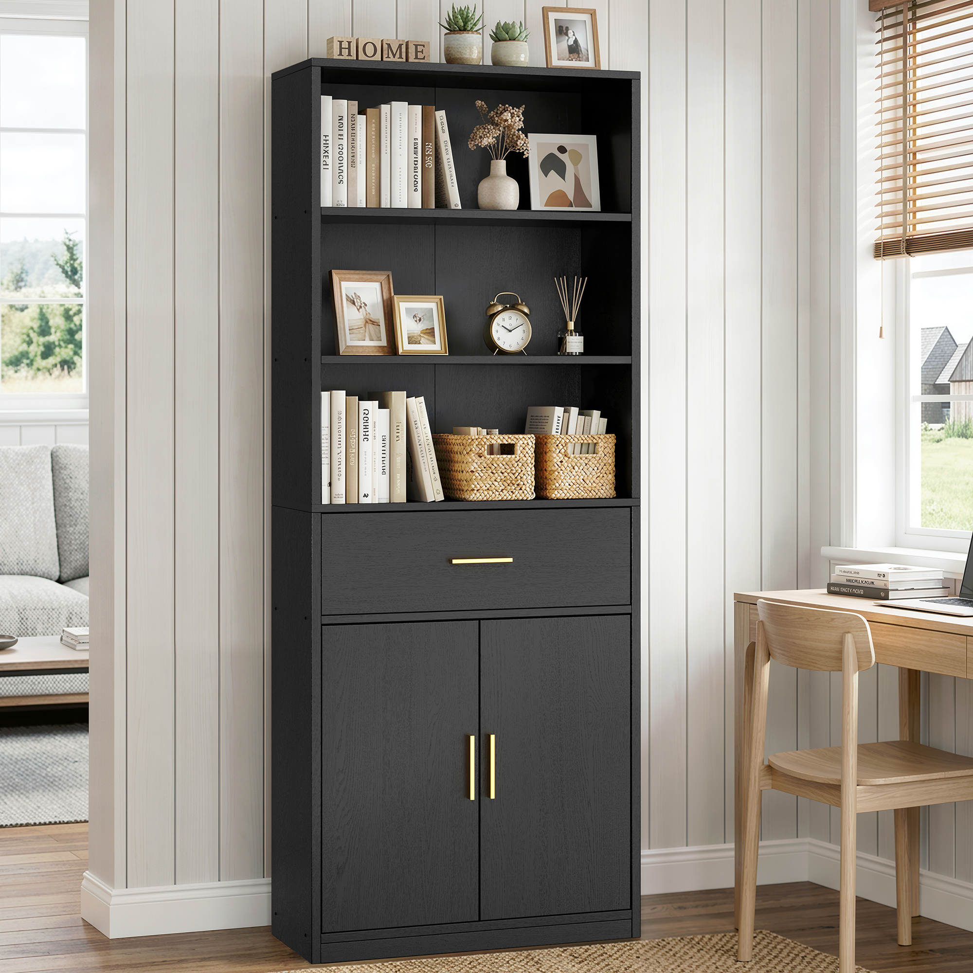 Walsunny Bookshelf with Doors and Drawer, 71" Tall Storage Bookcase with 3 Open Shelves for Living Room Home Office, Black