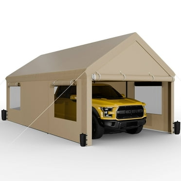 Walsunny Carport with 4 Sandbags 10x20 ft Heavy Duty Canopy with Roll-up Windows Portable Garage with Removable Sidewalls & Doors Car Canopy Khaki