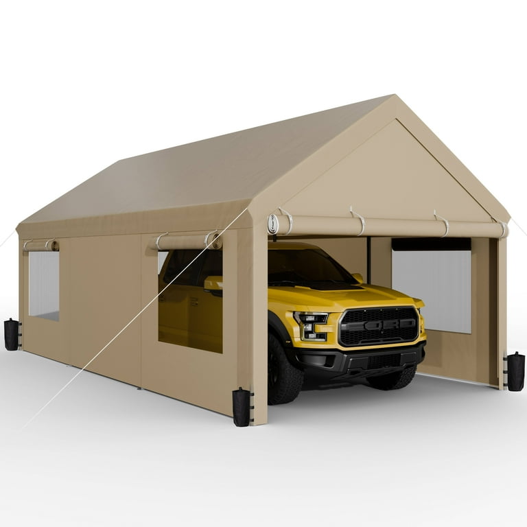 Walsunny 10x20 ft Heavy Duty Carport with 4 Sandbags Removable Sidewalls Doors Portable Garage Khaki Walmart