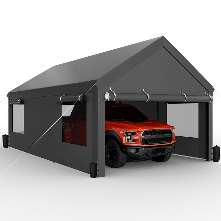 Walsunny 12x20 ft Carport with 4 Sandbags Heavy Duty Canopy with Roll-up Windows Portable Garage with Removable Sidewalls & Doors Car Canopy Gray Walsunny 12x20 ft Carport with 4 Sandbags Heavy Duty Canopy with Roll-up Windows Portable Garage with Removable Sidewalls & Doors Car Canopy Gray