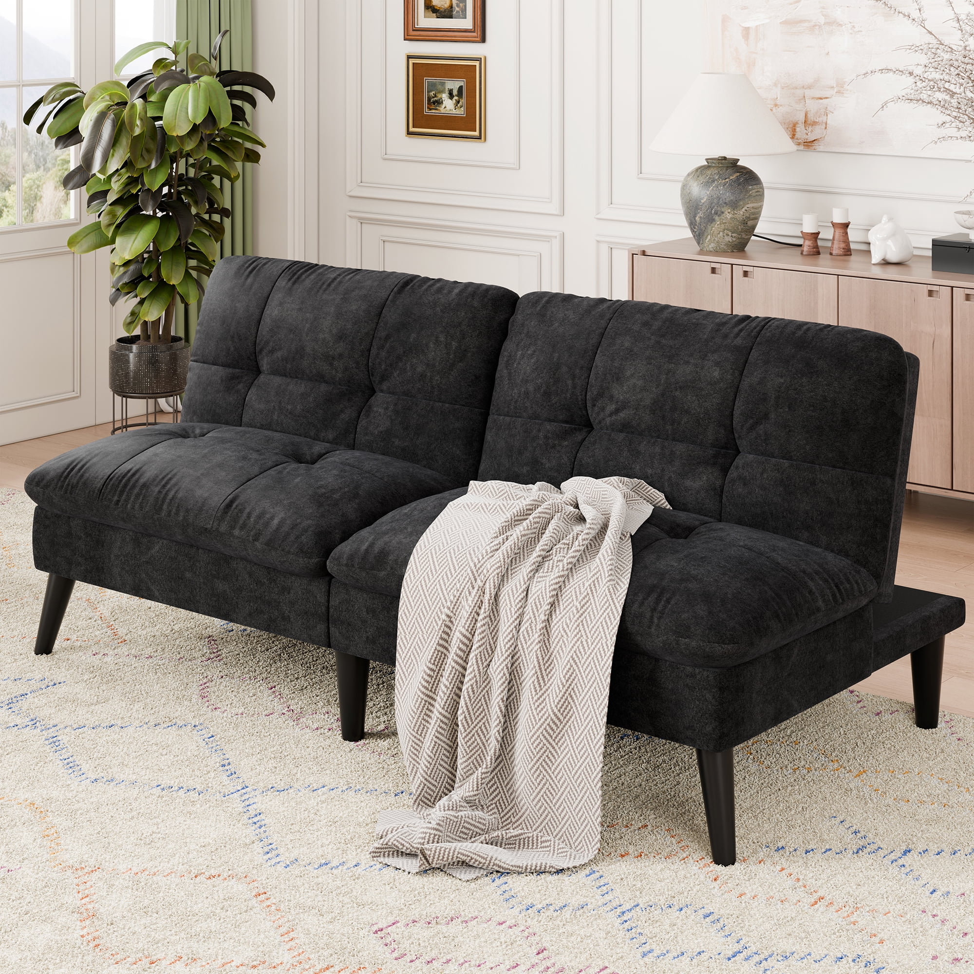 Walsunny Convertible Futon Sofa Bed, Foldable Sleeper Futon with 3-Angle Adjustment, Multifunctional Folding Futon Couch for Small Space, Black
