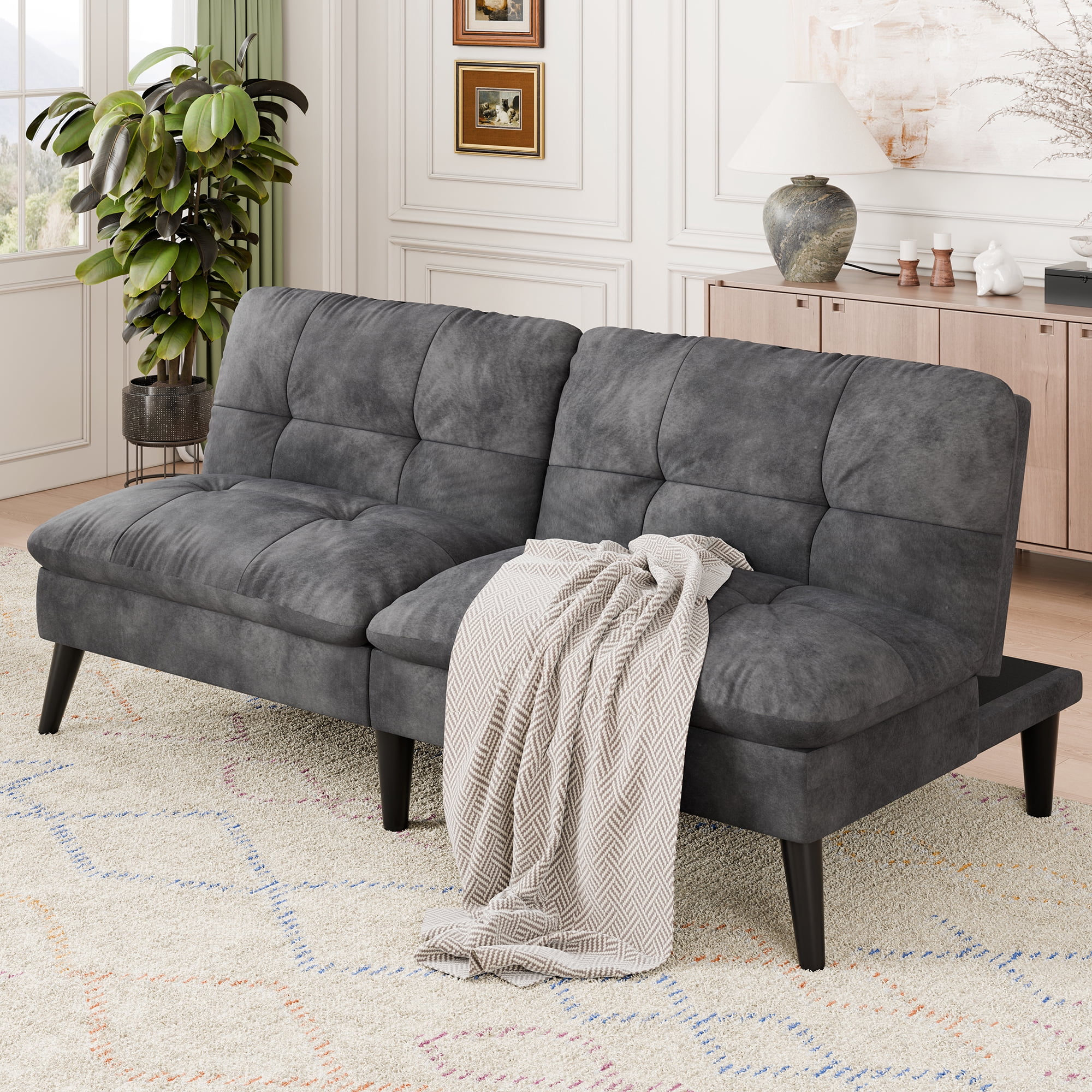 Walsunny Convertible Futon Sofa Bed, Foldable Sleeper Futon with 3-Angle Adjustment, Multifunctional Folding Futon Couch for Small Space, Dark Gray