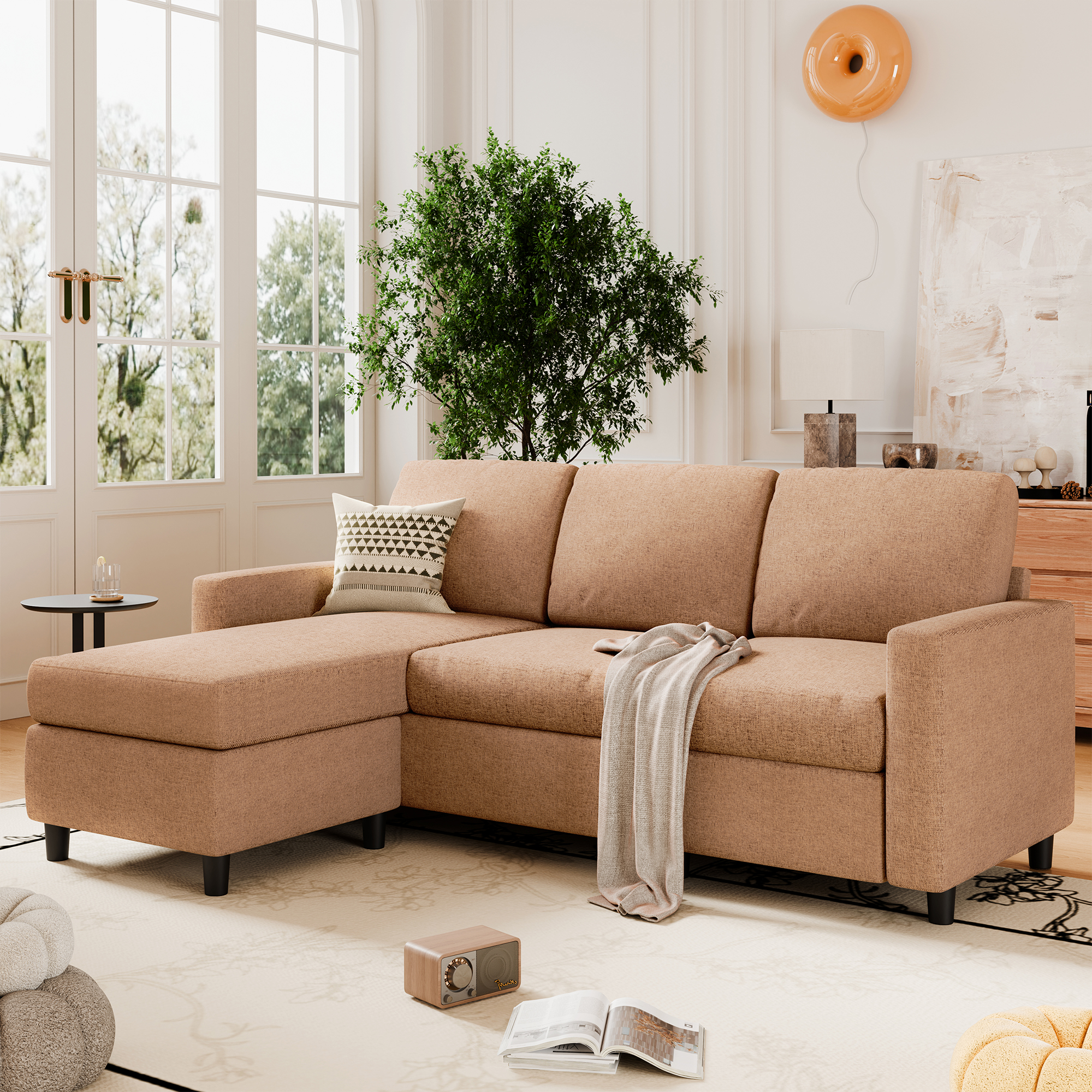 Walsunny Convertible Sectional Reversible Chaise, Modern Linen Fabric L ...