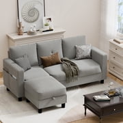 Walsunny 76.4 Convertible Sectional Sofa, L Shaped Sectional Sofa with Side Pocket, 3 Seat Sofa Couch with Storage Ottoman for Small Living Room, Apartment, Bedroom, Light Gray