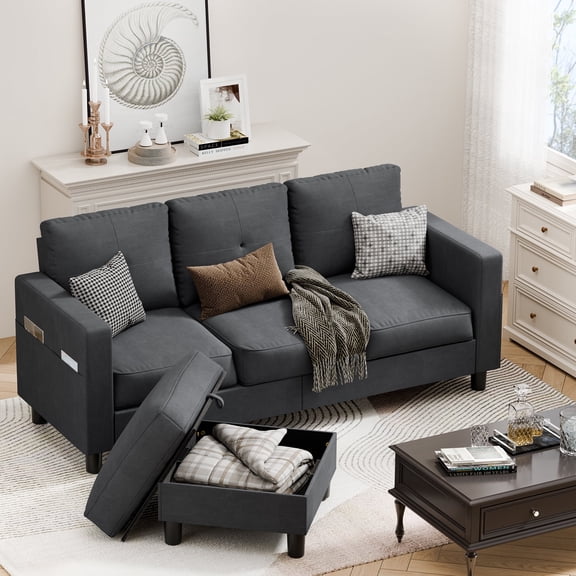 Walsunny 76.4" Convertible Sectional Sleeper Sofa Couches L Shape with Movable Storage Ottoman Chaise Recliner Side Pockets for Small Living Rooms Apartment,Black