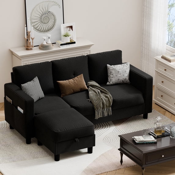 Walsunny 76.4" Convertible Sectional Sofa, L Shaped Sectional Sofa with Side Pocket, 3 Seat Sofa Couch with Storage Ottoman for Small Living Room, Apartment, Bedroom, Black