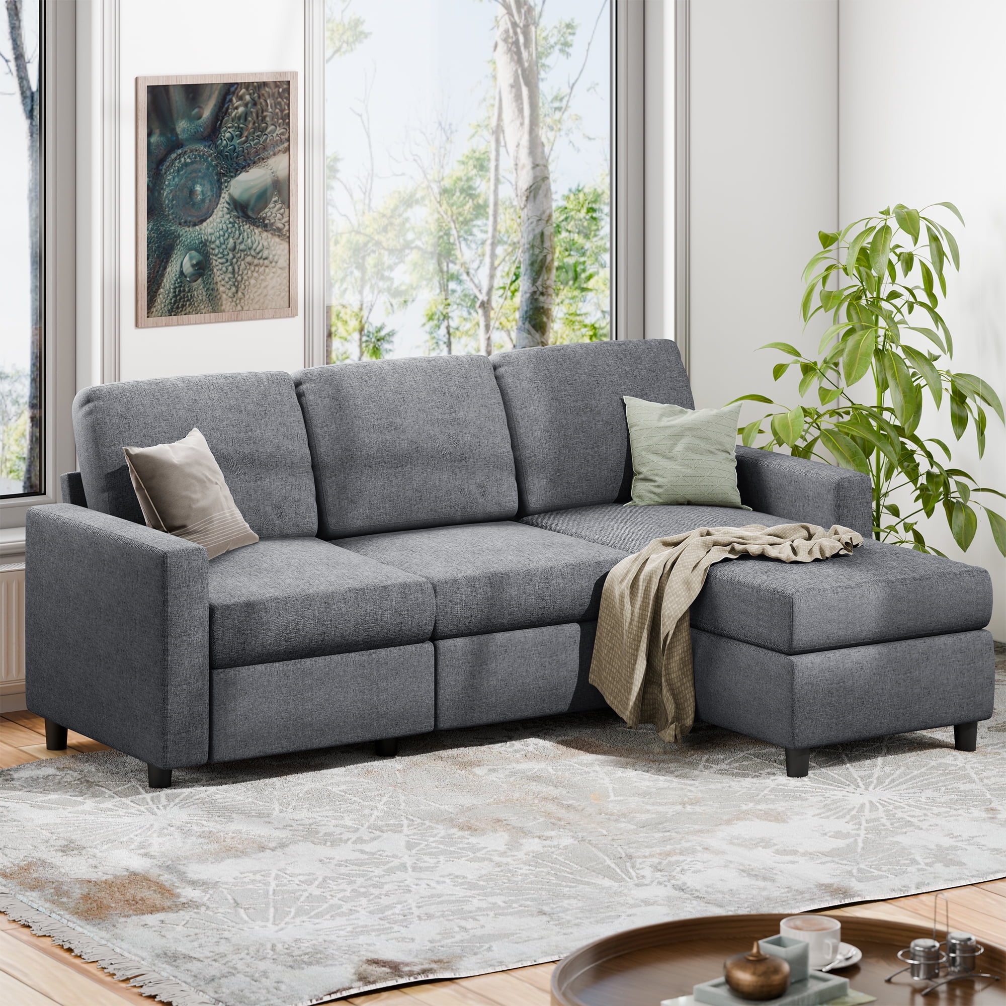 Walsunny Convertible Sectional Sofa Couch L Shaped Couch with Modern Linen Fabric for Small Space Dark Gray