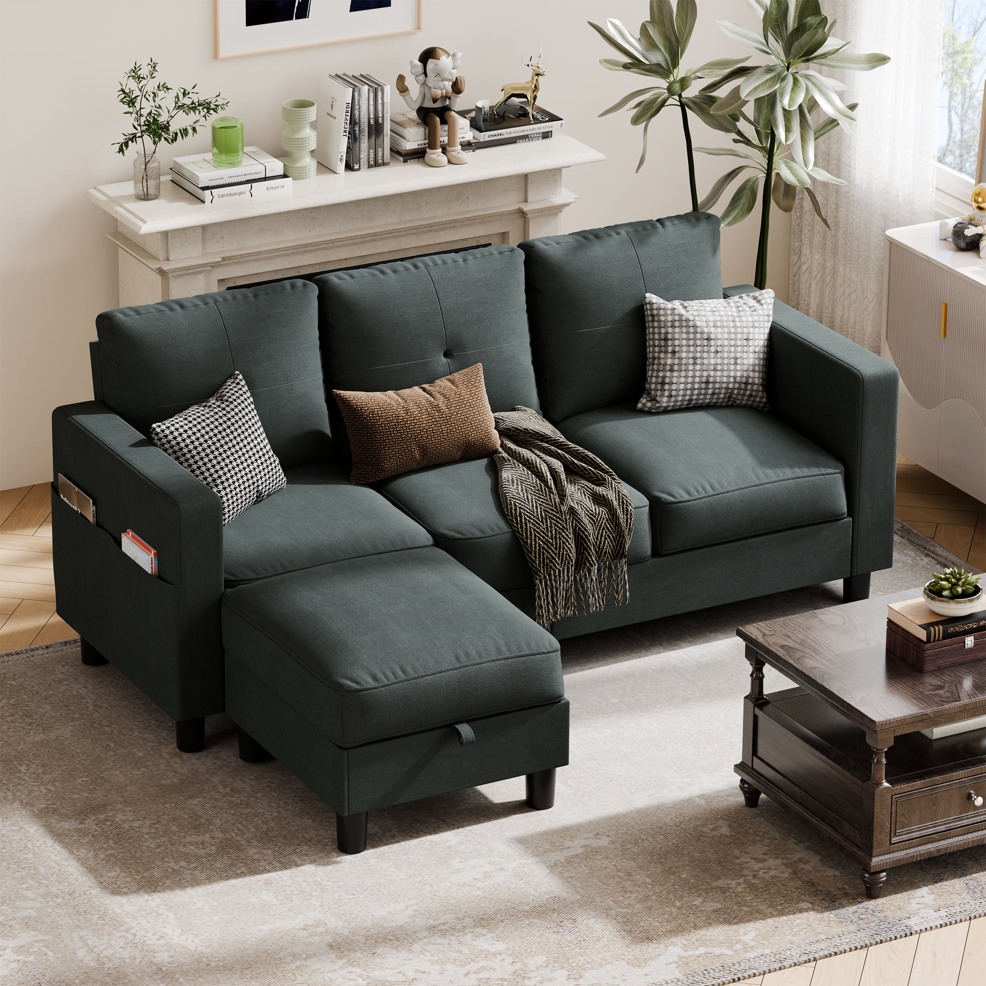Walsunny Convertible Sectional Sofa Couch L Shaped Couch Sofa for Living Room Small 3 Seater Sofa Couch with Storage Ottoman and Side Pockets Dark