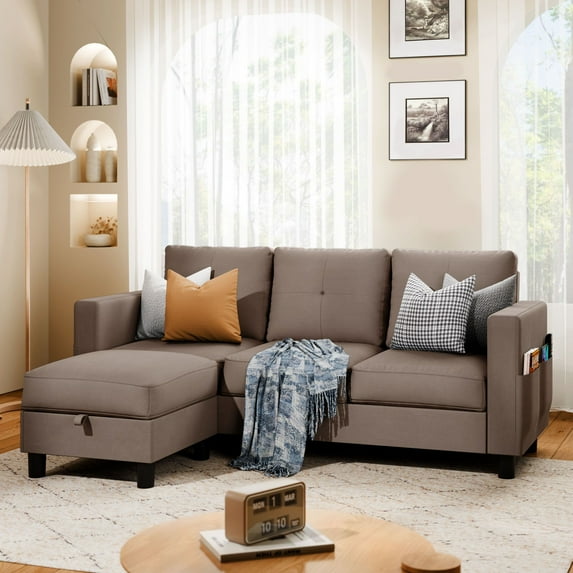 Walsunny Convertible Sectional Sofa Couch, Modern Linen Fabric L-Shaped Couch 3-Seat Sofa Sectional with Reversible Chaise for Small Living Room, Apartment and Small Space,Brown