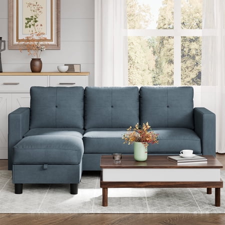Walsunny Convertible Sectional Sofa Couch, Modern Linen Fabric L-Shaped Couch 3-Seat Sofa Sectional with Reversible Chaise for Small Living Room, Apartment and Small Space, Dark Gray