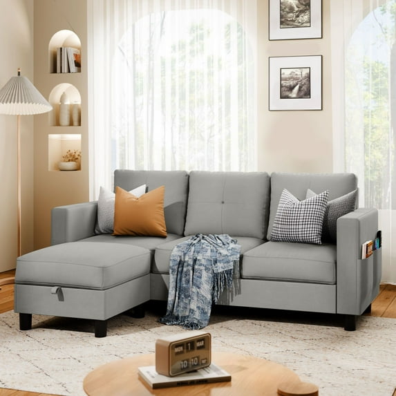 Walsunny Convertible Sectional Sofa Couch, Modern Linen Fabric L-Shaped Couch 3-Seat Sofa Sectional with Reversible Chaise for Small Living Room, Apartment and Small Space,Light Gray