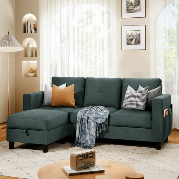 Walsunny Convertible Sectional Sofa Couch, Modern Linen Fabric L-Shaped Couch 3-Seat Sofa Sectional with Reversible Chaise for Small Living Room, Apartment and Small Space, Dark Gray