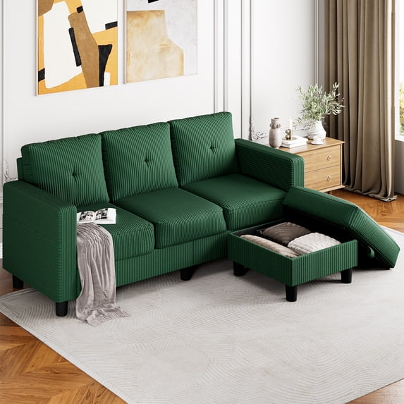 Walsunny Convertible Sectional Sofa Couch, Modern Linen Fabric L-Shaped Couch 3-Seat Sofa Sectional with Reversible Chaise for Small Living Room, Apartment and Small Space, Green